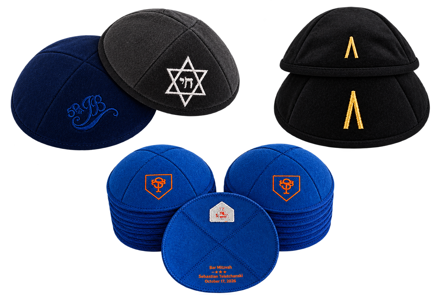 Exemples de kippot personnalisées : monogramme, étoile de David brodée, logo de club sportif